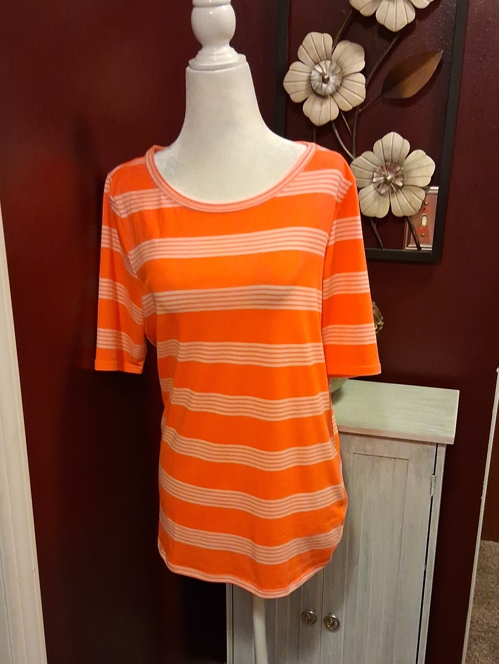 LuLaRoe Orange and Cream Striped Short Sleeve Tee